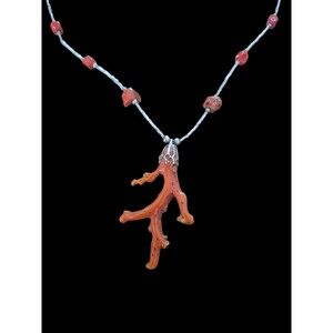 Vintage Liquid Silver and Coral Necklace 1970s Rough Stick Beaded 24"